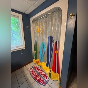 Pottery Barn Kids PBK Surfboard Shower Curtain & Bath Rug Bathroom Ocean Beach